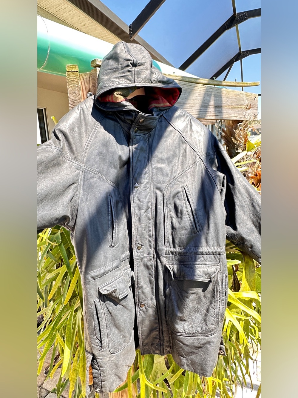 vintage 1990s IOU Leather Collection  genuine leather hooded parka coat Sz M - Picture 4 of 14